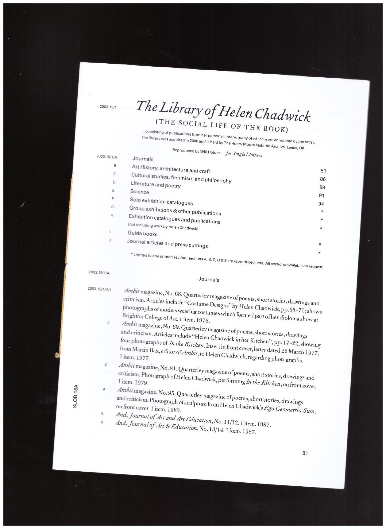 HOLDER, Will - The Social Life of the Book #6 - The Library of Helen Chadwick